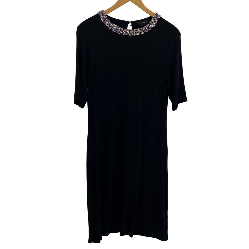 INVESTMENTS Black Beaded Jewel Neck Short Sleeve Shift Dress‎ Size Medium